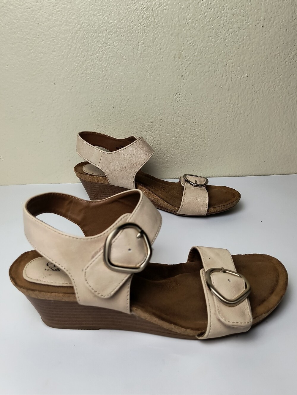 Euro soft Valen 8.5M Neutral Beige Wedge Sandals with Buckle Detail